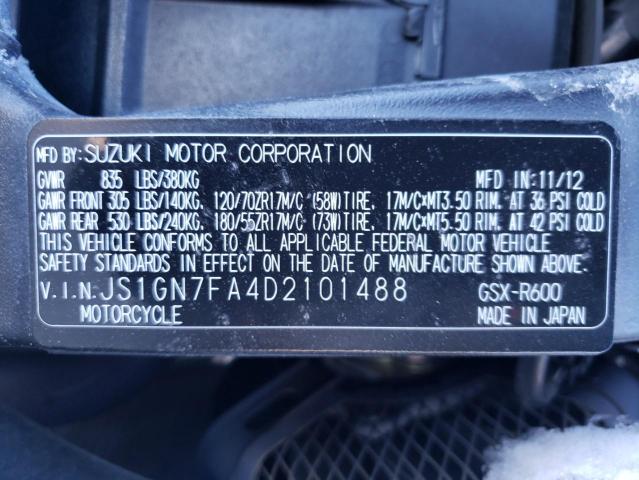 2013 SUZUKI GSX-R600 JS1GN7FA4D2101488