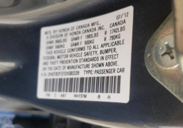 2HGFB2F57CH585339 Honda Civic Lx 2012. Фото: 9
