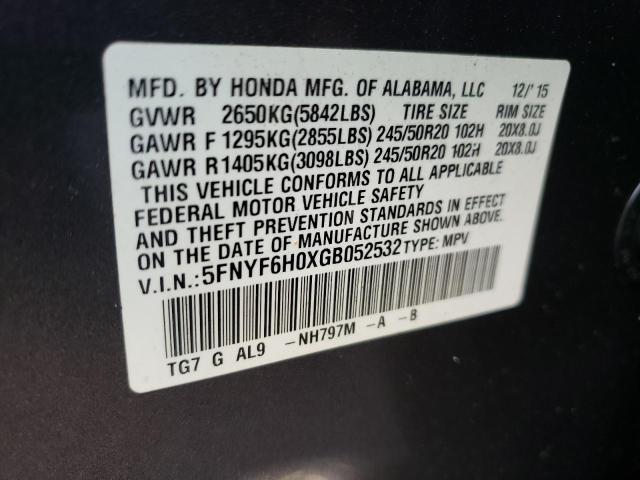 2016 HONDA PILOT ELIT 5FNYF6H0XGB052532