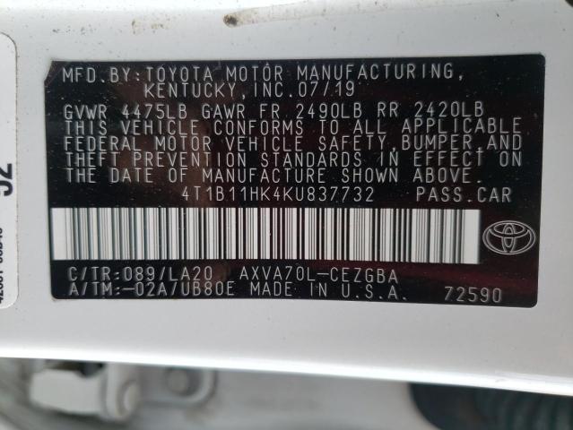 2019 TOYOTA CAMRY 4D 2 4T1B11HK4KU837732
