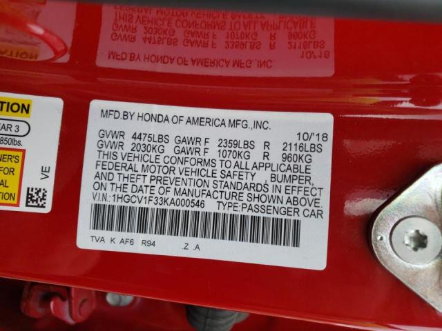 1HGCV1F33KA000546 Honda Accord Spo 2019. Фото: 9