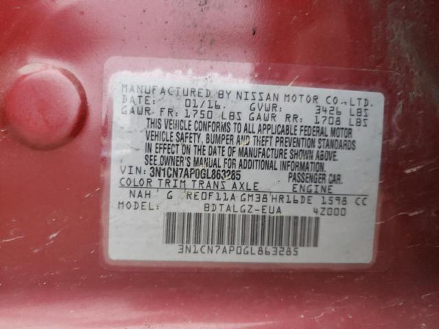 2016 NISSAN VERSA S 3N1CN7AP0GL863285