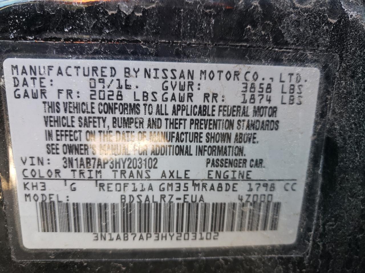 3N1AB7AP3HY203102 NISSAN SENTRA 2017