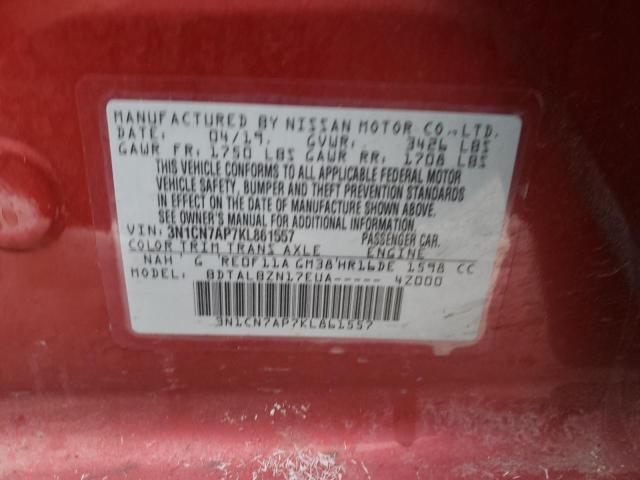 3N1CN7AP7KL861557 Nissan Versa S 2019. Фото: 9