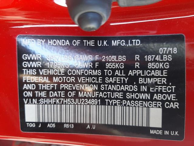 SHHFK7H53JU234891 Honda Civic Ex 2018. Фото: 9