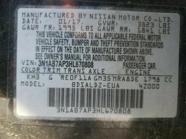 3N1AB7AP3HL670808 Nissan Sentra S 2017. Фото: 9