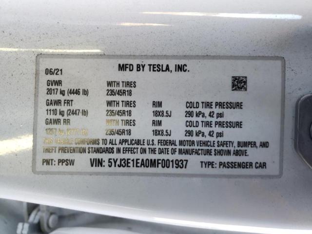 5YJ3E1EA0MF001937 Tesla Model 3 2021. Фото: 9