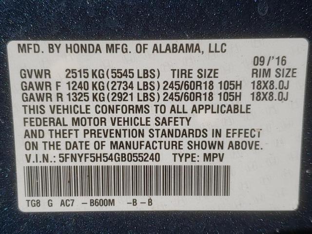 2016 HONDA PILOT EXL 5FNYF5H54GB055240