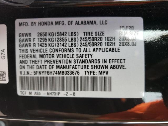 2021 HONDA PILOT BLAC 5FNYF6H74MB033676