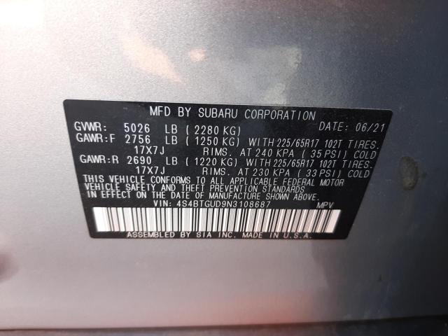 2022 SUBARU OUTBACK WI 4S4BTGUD9N3108687