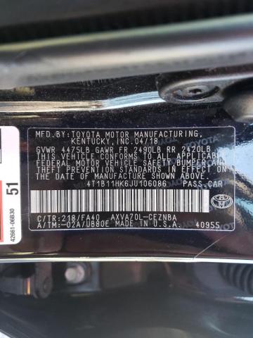 4T1B11HK6JU106086 Toyota Camry L 2018. Фото: 9