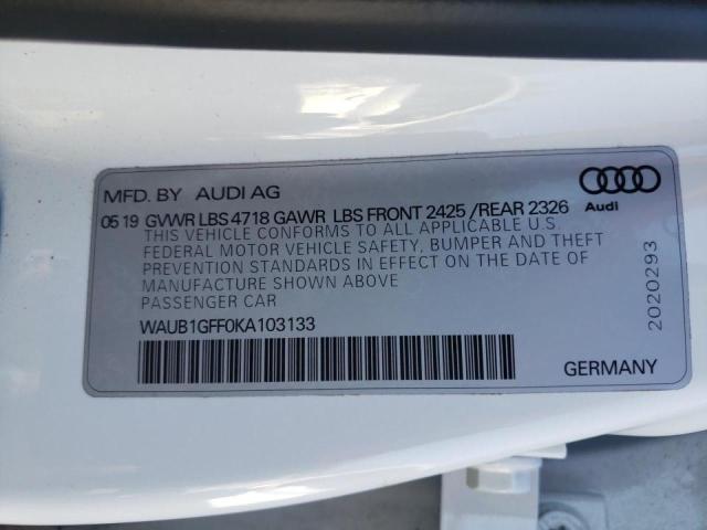 2019 AUDI S3 PREMIUM WAUB1GFF0KA103133