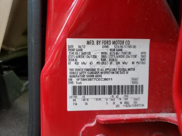 VIN: 1FT8W3BT7CEC38011 Auction: COPART Lot: 35981132 Location: WV - CHARLESTON 1FT8W3BT7CEC38011 FORD F350 2012 RED Photo 10