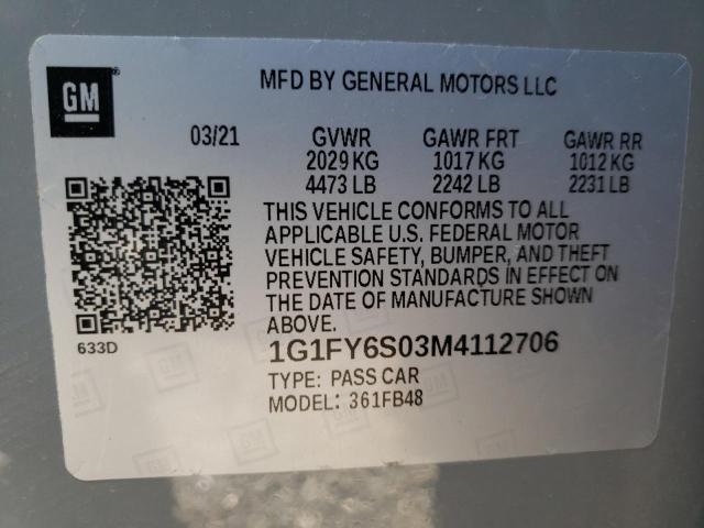 2021 CHEVROLET BOLT EV LT 1G1FY6S03M4112706