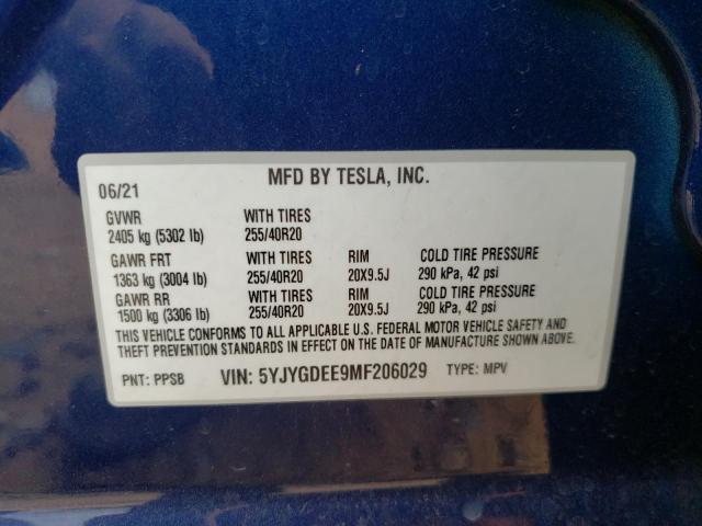 2021 TESLA MODEL Y 5YJYGDEE9MF206029