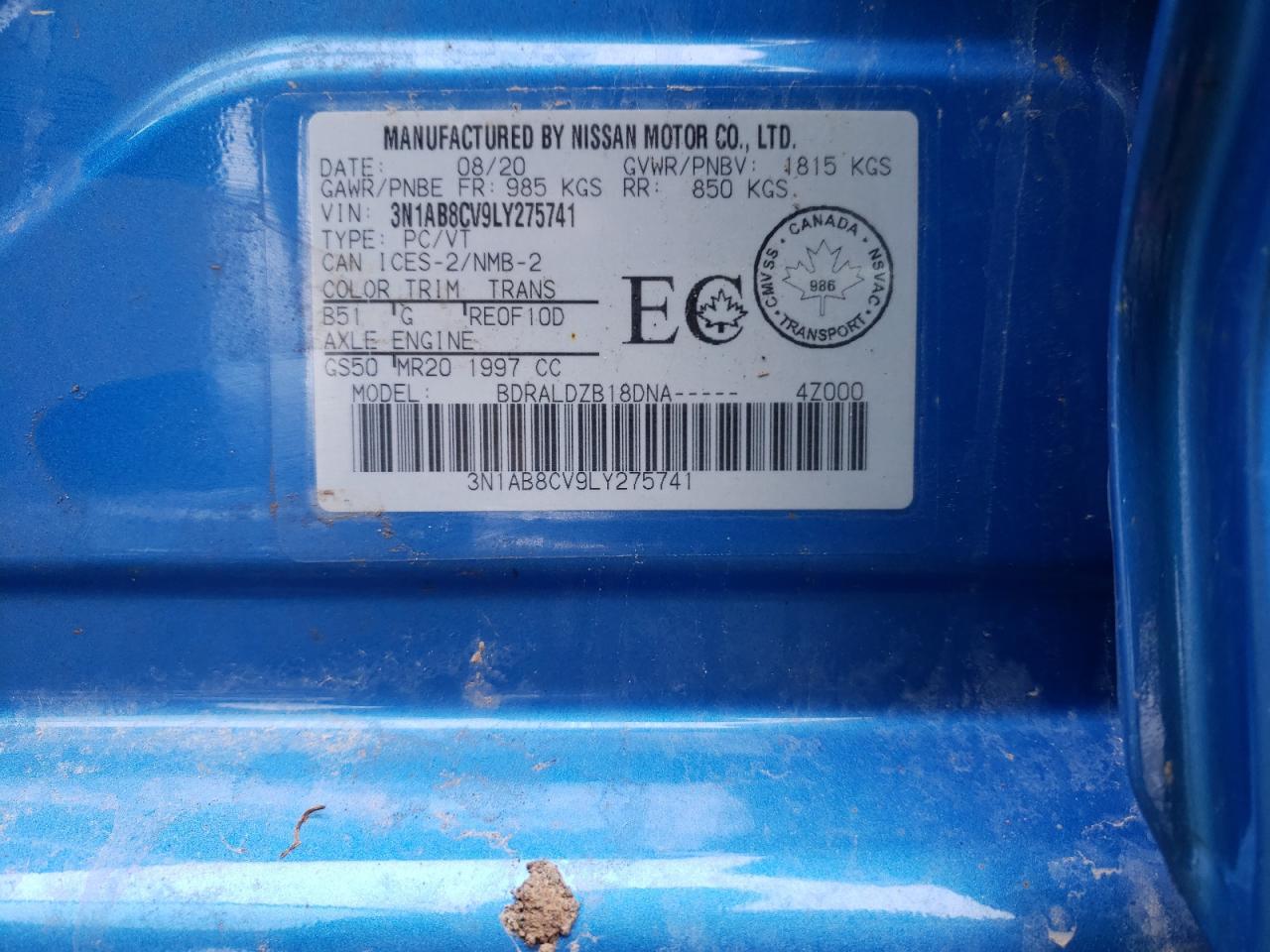 3N1AB8CV9LY275741 NISSAN SENTRA 2020