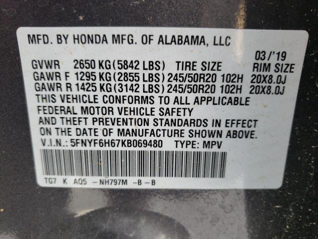 2019 HONDA PILOT TOUR 5FNYF6H67KB069480