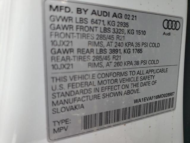 2021 AUDI Q8 PREMIUM WA1EVAF16MD028987