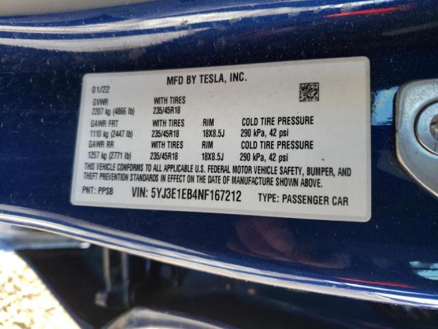 2022 TESLA 3 5YJ3E1EB4NF167212