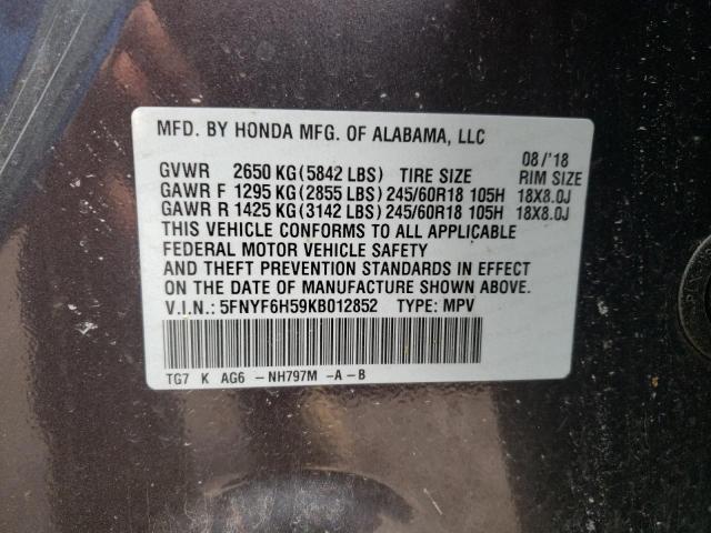 2019 HONDA PILOT EXL 5FNYF6H59KB012852