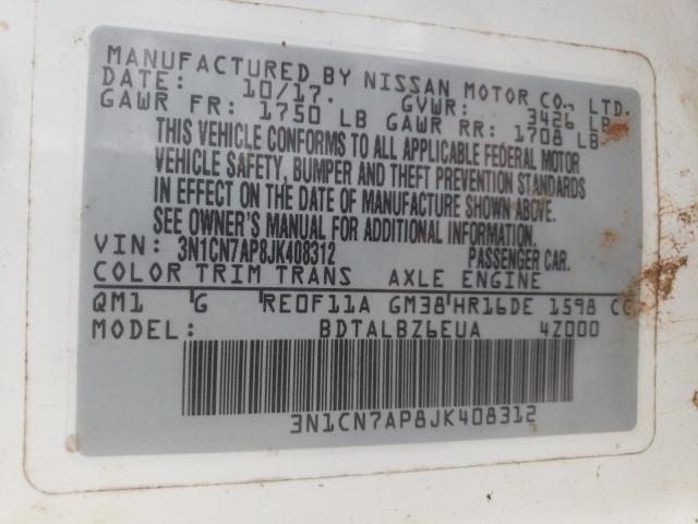 3N1CN7AP8JK408312 Nissan Versa S 2018. Фото: 9