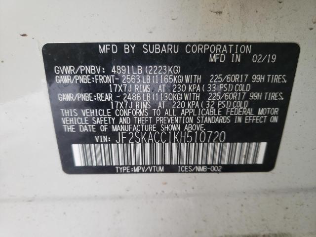 2019 SUBARU FORESTER JF2SKACC1KH510720