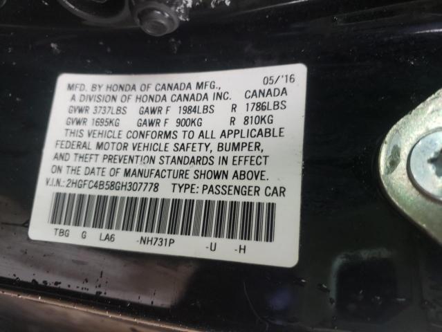 2HGFC4B58GH307778 Honda Civic Lx 2016. Фото: 9