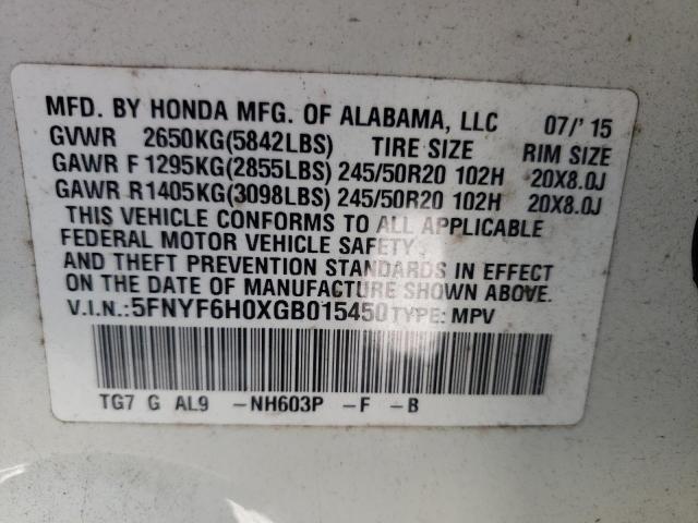 2016 HONDA PILOT ELIT 5FNYF6H0XGB015450