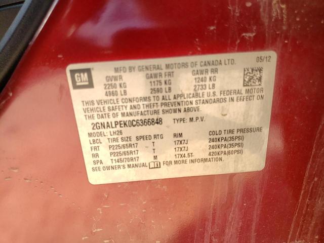 2GNALPEK0C6366848 Chevrolet Equinox Lt 2012. Фото: 9