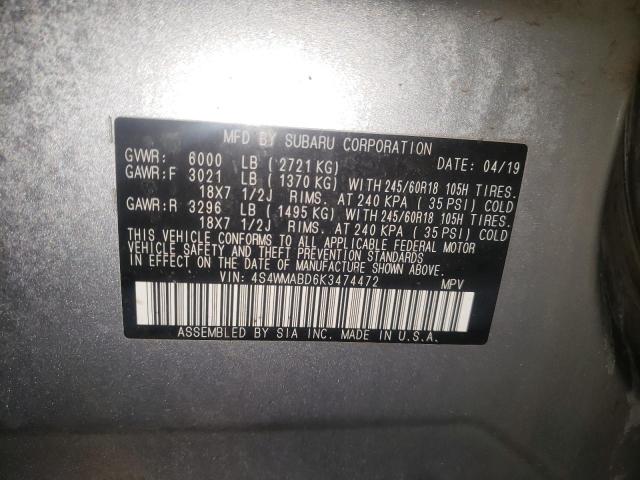 2019 SUBARU ASCENT PRE 4S4WMABD6K3474472