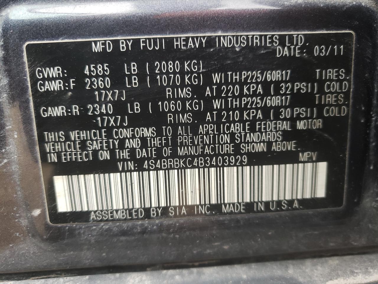 2011 SUBARU OUTBACK 2.5I LIMITED - 4S4BRBKC4B3403929