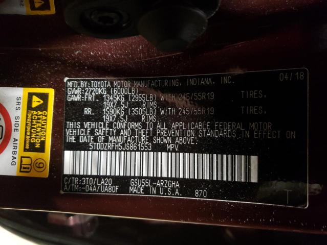 5TDDZRFH5JS861553 Toyota Highlander 2018. Фото: 9