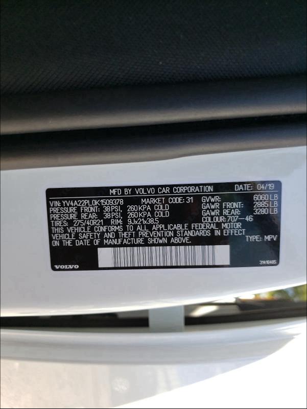 2019 VOLVO XC90 T6 IN YV4A22PL0K1509378
