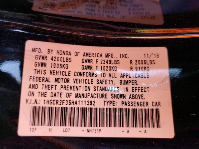 1HGCR2F35HA111392 Honda Accord Lx 2017. Фото: 9