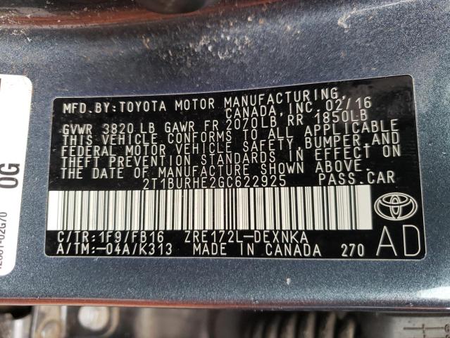2T1BURHE2GC622925 Toyota Corolla L 2016. Фото: 9
