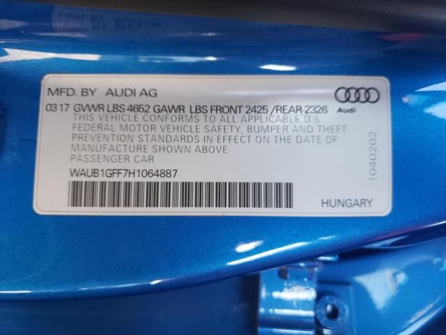 2017 AUDI S3 PREMIUM WAUB1GFF7H1064887