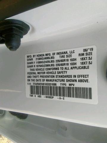 2019 HONDA CR-V EXL 7FARW2H81KE031696