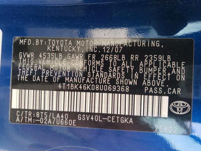 4T1BK46K08U069368 Toyota Camry Le 2008. Фото: 9