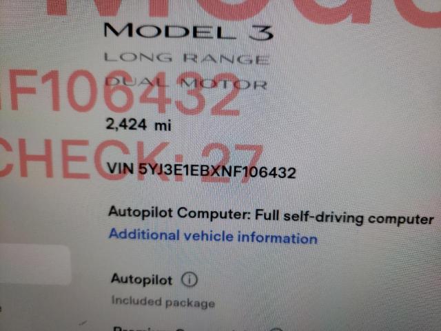 2022 TESLA 3 5YJ3E1EBXNF106432