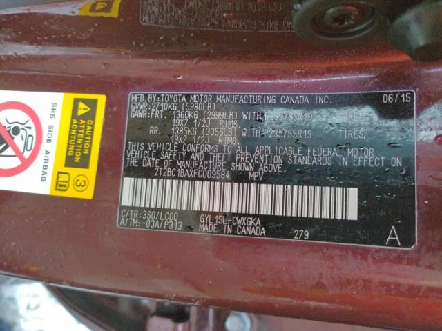 2015 LEXUS RX 450H 2T2BC1BAXFC009584