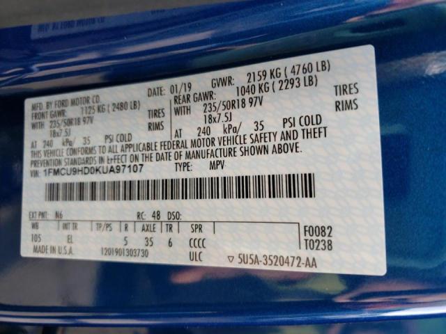 1FMCU9HD0KUA97107 Ford Escape Sel 2019. Фото: 9