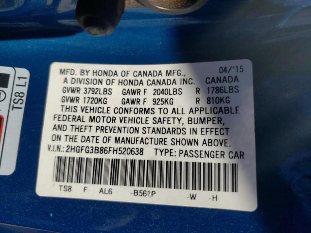 2HGFG3B86FH520638 Honda Civic Ex 2015. Фото: 9