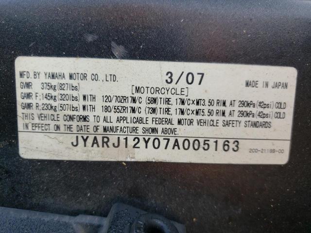 2007 YAMAHA YZFR6 L JYARJ12Y07A005163