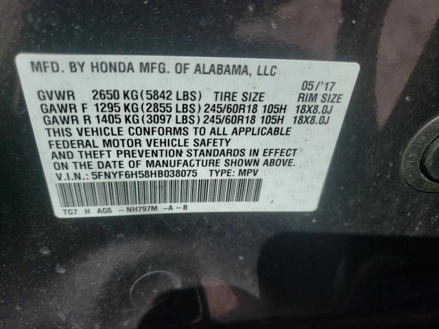 5FNYF6H58HB038075 Honda Pilot Exl 2017. Фото: 9