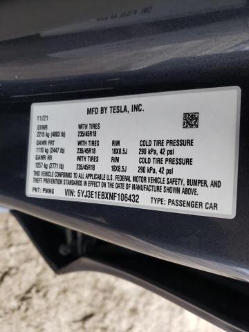 2022 TESLA 3 5YJ3E1EBXNF106432