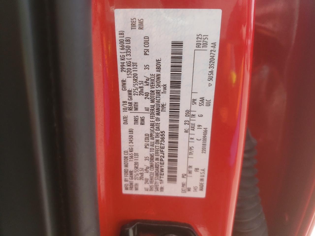 2018 Ford F150 Supercrew VIN: 1FTEW1EP2JFE73655 Lot: 39298242