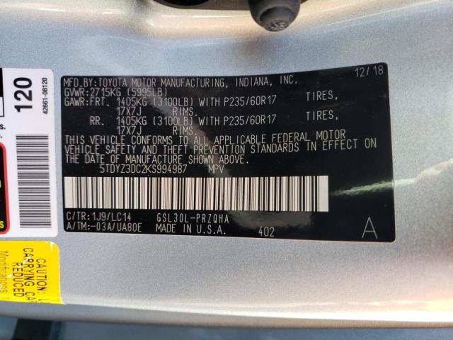 2019 Toyota Sienna Xle 3.5L(VIN: 5TDYZ3DC2KS994987