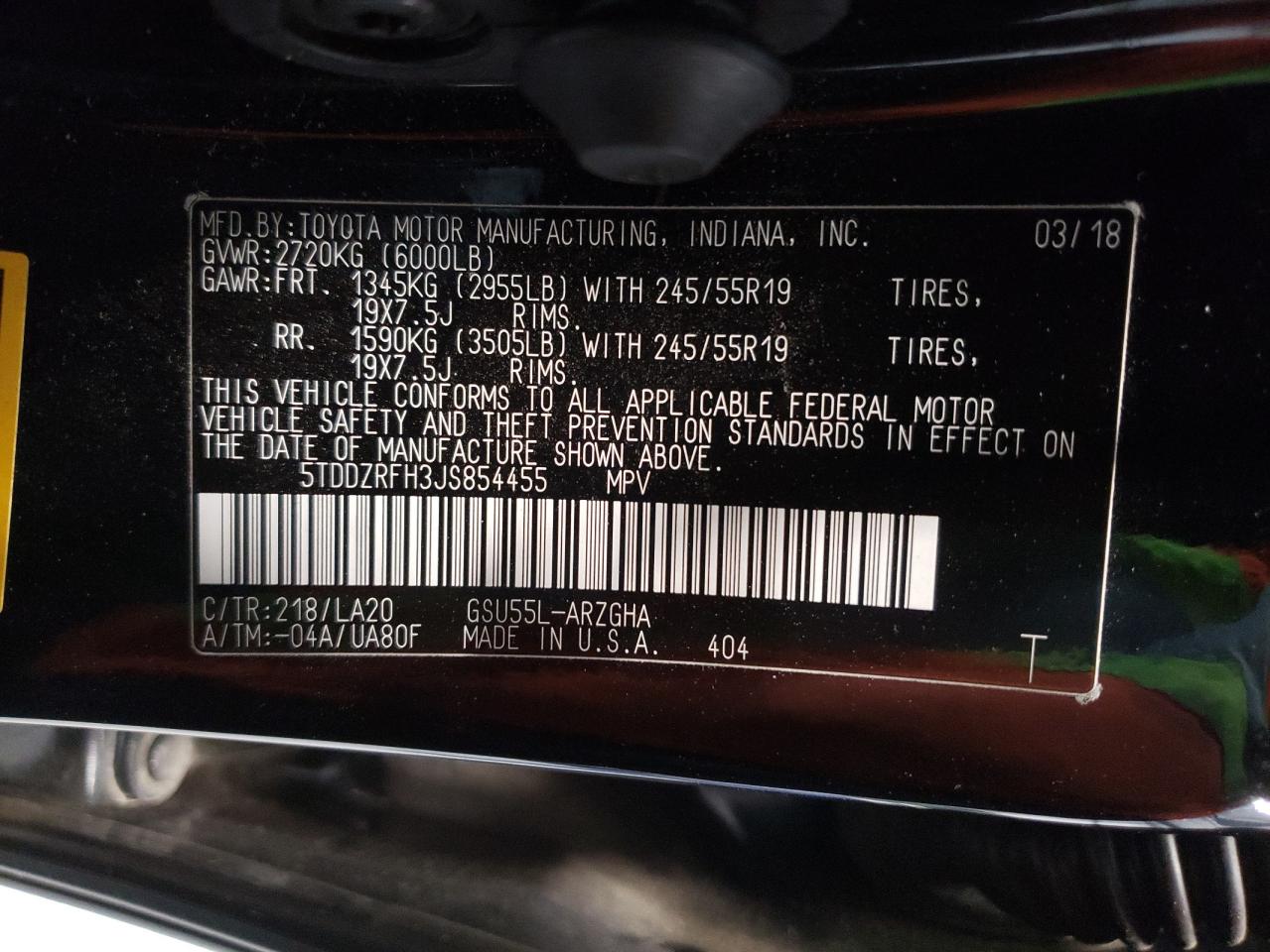 5TDDZRFH3JS854455 TOYOTA HIGHLANDER 2018
