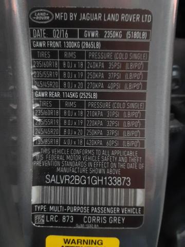 2016 LAND ROVER RANGE ROVE SALVR2BG1GH133873