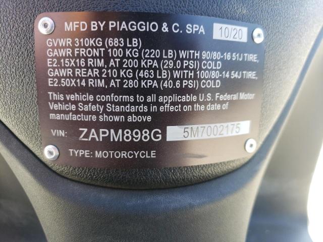 2021 PIAGGIO SCOOTER ZAPM898G5M7002175